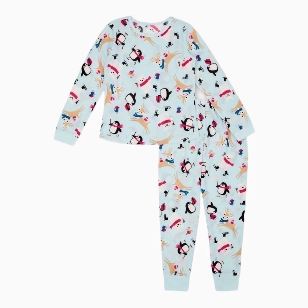 NWT Girls Thermal Pajamas 3 Piece Set with Sleep Mask Holiday Penguin Reindeer